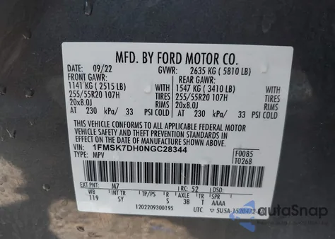 2022 Ford Explorer Xlt из США, поврежденный, VIN 1FMSK7DH0NGC28344